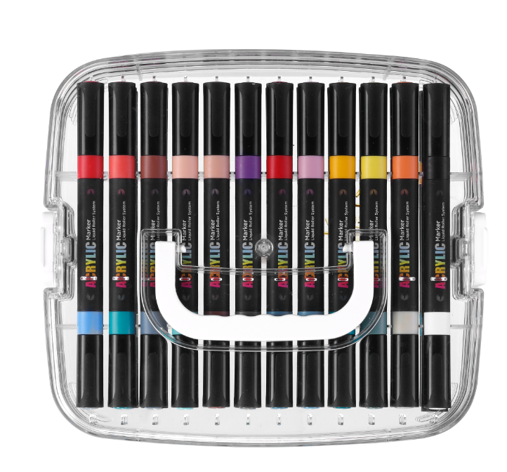 Marker accessories including brush pens, fine liners, and storage cases, organized display with clean aesthetic